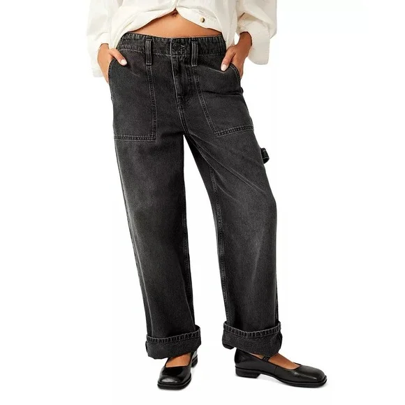 Free People Carpenter Jeans Wide Leg Cropped Utility Faded Black Women 27 Grunge - Picture 3 of 16